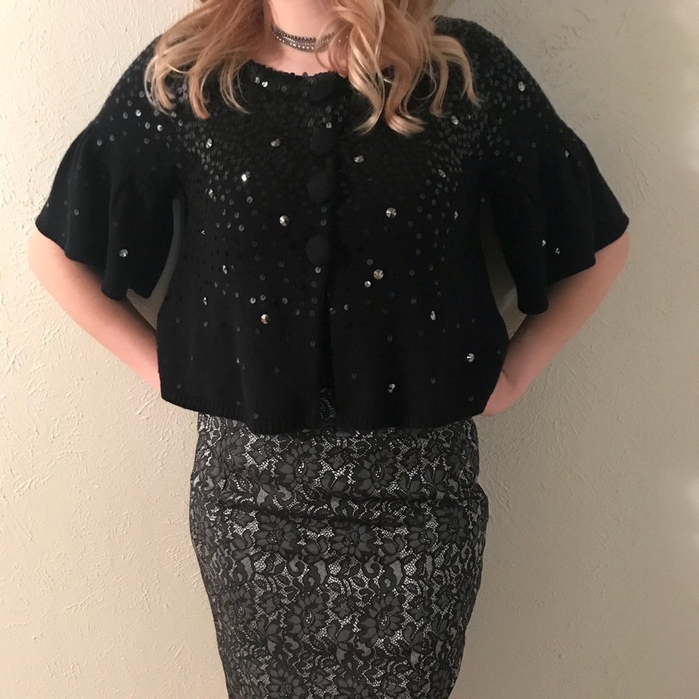 LaROK BOHO SEQUINED BLACK CARDIGAN SZ L